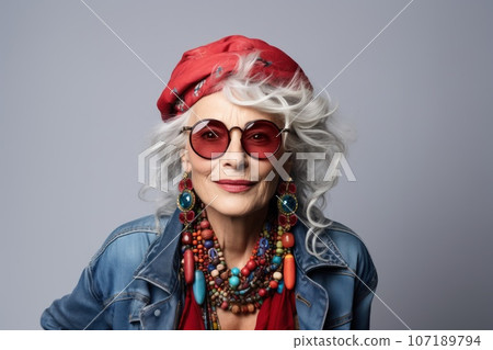 A senior hipster woman, approximately 70 years old, with her trendy oversized round glasses, and a collection of vintage brooches adorning her denim jacket. Generative AI 107189794