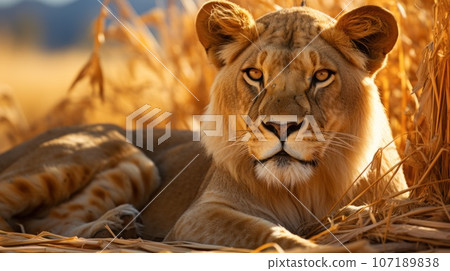 Majesty of a lioness resting in the golden savannah grass, with a backdrop of acacia trees and the African wilderness. Generative Ai 107189838