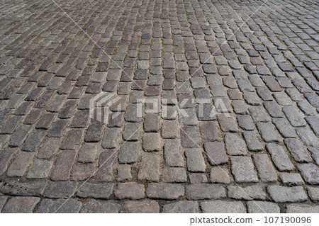 Old Stone Pavement Texture Background, Granite Cobblestone Road Pattern, Vintage Block Sidewalk 107190096