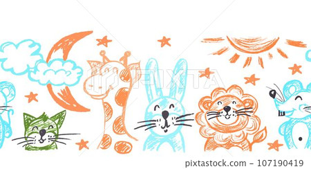 Cute seamless border. Drawings with wax crayons. Design for paper, fabric, interior decor and other use Cute seamless border. Drawings with wax crayons. Design for paper, fabric, interior decor and other use 107190419