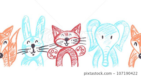 Cute seamless border. Drawings with wax crayons. Design for paper, fabric, interior decor and other use 107190422