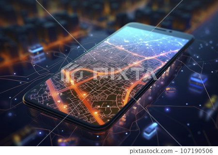3d smartphone app route planning with map connected point by electricity. 3d smartphone app route planning with map connected point by electricity. 107190506
