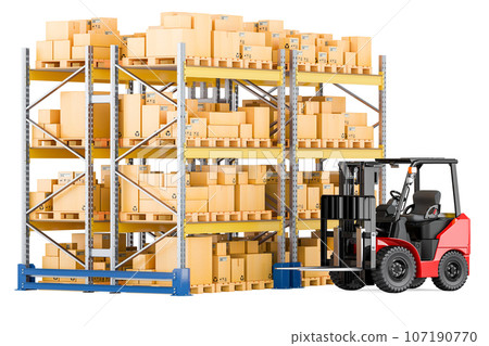 Pallet racks and warehouse forklift truck with cardboard boxes, 3D rendering Pallet racks and warehouse forklift truck with cardboard boxes, 3D rendering 107190770