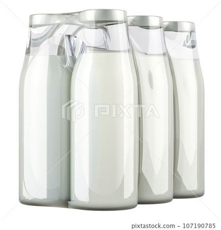 Package of milk or dairy drink in glass bottles in shrink film, 3D rendering 107190785
