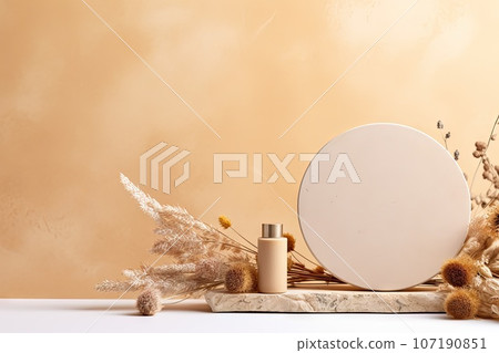 Stone Podium Mockup, Natural Beige Stones and Dry Flowers, Generative AI Illustration Stone Podium Mockup, Natural Beige Stones and Dry Flowers, Generative AI Illustration 107190851