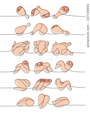 Fresh chicken meat one line colored continuous drawing. Raw chicken meat parts continuous one line illustration. Vector minimalist linear illustration Fresh chicken meat one line colored continuous drawing. Raw chicken meat parts continuous one line illustration. Vector minimalist linear illustration 107190991