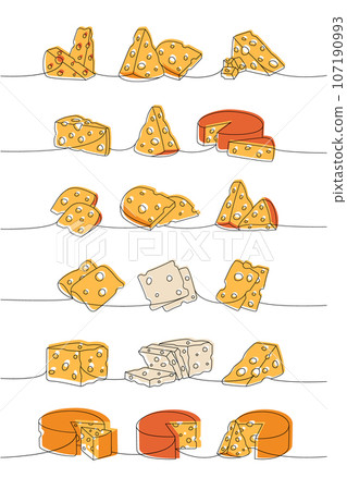 Set of cheese one line colored continuous drawing. Different types of cheese continuous one line illustration. Vector minimalist linear illustration. Set of cheese one line colored continuous drawing. Different types of cheese continuous one line illustration. Vector minimalist linear illustration. 107190993