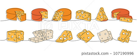 Cheese products one line colored continuous drawing. Different types of cheese continuous one line illustration. Vector minimalist linear illustration Cheese products one line colored continuous drawing. Different types of cheese continuous one line illustration. Vector minimalist linear illustration 107190996