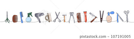 Barber shop tools one line colored continuous drawing. Scissors, comb, hair dryer, brush, shaving razor, electric clipper, razor blade, perfume Barber shop tools one line colored continuous drawing. Scissors, comb, hair dryer, brush, shaving razor, electric clipper, razor blade, perfume 107191005