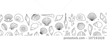 Sea shells horizontal outline banner. Tropical underwater shells. Freshwater algae, corals, starfish, mollusks, scallop, pearls. Vector illustration. 107191028