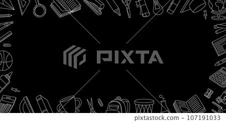 School horizontal outline banner. School accessories. Basketball ball, trophy, diploma, notebook, microscope, paper clip, schoolbag, globe, scissors 107191033