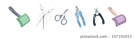 Pet grooming tools. Brushes, fur remover, nail clippers, scissors. Animals accessories, pet supplies. Vector illustration. 107191053