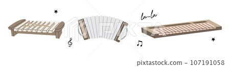 Set of musical instruments. Wooden xylophone, accordion, synthesizer piano. Vector illustration. 107191058