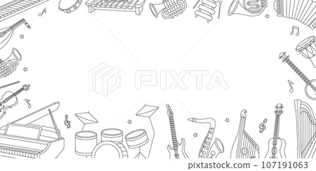 Musical instruments horizontal outline banner. Musical school set. Tuba, trumpet, drum flute, french horn, lute, violin, bass guitar, acoustic guitar. Musical instruments horizontal outline banner. Musical school set. Tuba, trumpet, drum flute, french horn, lute, violin, bass guitar, acoustic guitar. 107191063