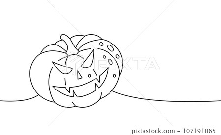 Pumpkin with scary face one line continuous drawing. Halloween pumpkin with scary face continuous one line illustration. Vector illustration. Pumpkin with scary face one line continuous drawing. Halloween pumpkin with scary face continuous one line illustration. Vector illustration. 107191065