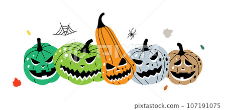 Pumpkins with scary faces. Autumn pumpkins faces. Autumn halloween vegetables. Vector illustration. 107191075