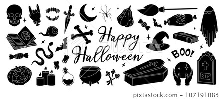 Halloween set. Happy Halloween. Poison bottle, magic pot, crystal ball, old tomb, coffin, scary pumpkins, knife, bat. Trick or treat. 107191083