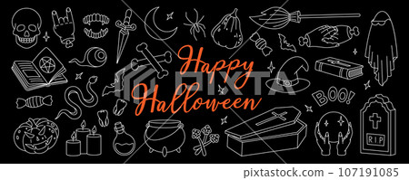Happy Halloween bundle. Poison bottle, magic pot, crystal ball, old tomb, coffin, scary pumpkins, knife, bat. Trick or treat. Halloween holiday. 107191085