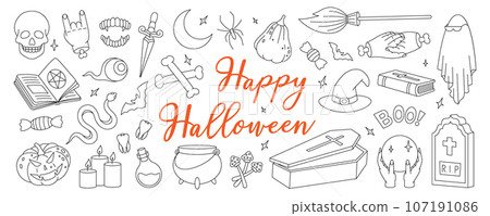Halloween outline set. Happy Halloween. Poison bottle, magic pot, crystal ball, old tomb, coffin, scary pumpkins, knife, bat, snake. Trick or treat. Halloween outline set. Happy Halloween. Poison bottle, magic pot, crystal ball, old tomb, coffin, scary pumpkins, knife, bat, snake. Trick or treat. 107191086