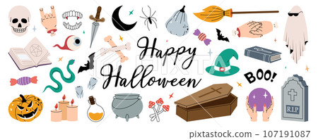 Happy Halloween. Poison bottle, magic pot, crystal ball, old tomb, coffin, scary pumpkins, knife, bat, snake. Halloween holiday. Trick or treat. 107191087