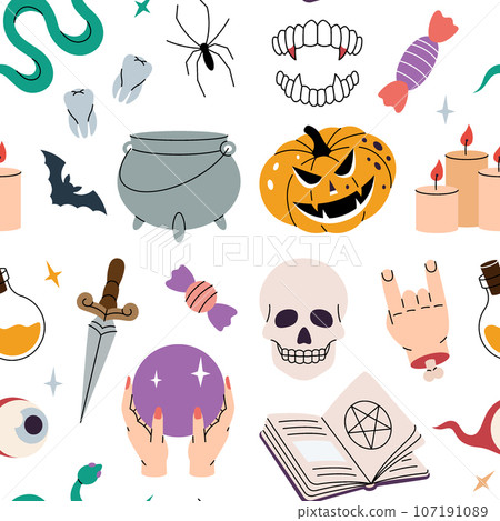 Halloween pattern. Creepy holiday seamless banner. Happy Halloween. Poison bottle, magic pot, crystal ball, old tomb, coffin, bat. Trick or treat. 107191089
