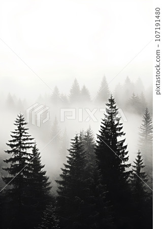 Pine trees in the fog - dark forest with dramatic light - generative AI 107191480