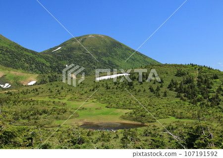 從八甲田山脈的散步路可以看到濕地和池塘 從八甲田山脈的散步路可以看到濕地和池塘 107191592