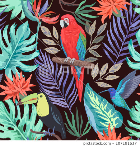 Colorful tropical seamless pattern with exotic birds and flowers. Vector illustration. 107191637
