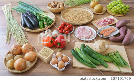 Many ingredients|Meat, vegetables, fruits Many ingredients|Meat, vegetables, fruits 107191709