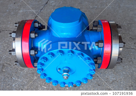 Pipe connection tee for gasification. New piece of equipment for gas industry. Background. 107191936