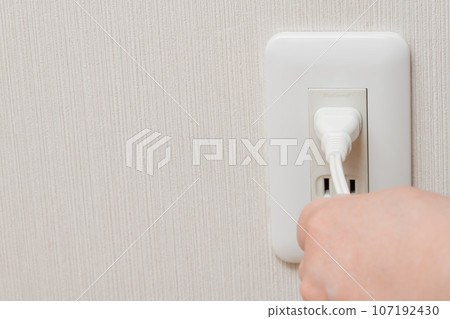 [Bad example of unplugging the outlet while holding the cord] 107192430