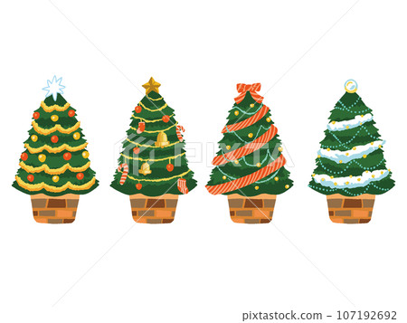 Hand-drawn style illustration set of various colorful Christmas trees C 107192692