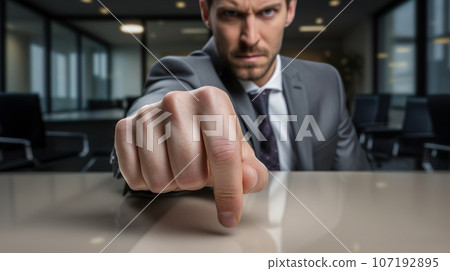 AI-generated image of a white male businessman angrily calling someone to his desk 107192895