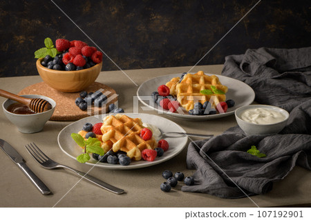 Sweet Homemade Berry Belgian Waffle 107192901