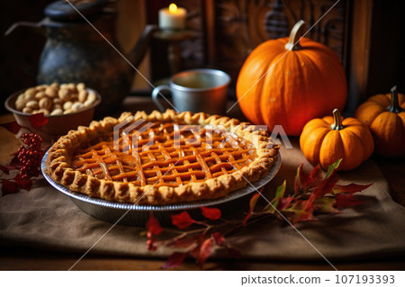 Pumpkin Pie on plate. Festive American Thanksgiving fall season cake 107193393