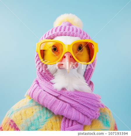 Fashion chicken in winter hat. Trendy bright colors. Pop art portrait, lifestyle Fashion chicken in winter hat. Trendy bright colors. Pop art portrait, lifestyle 107193394