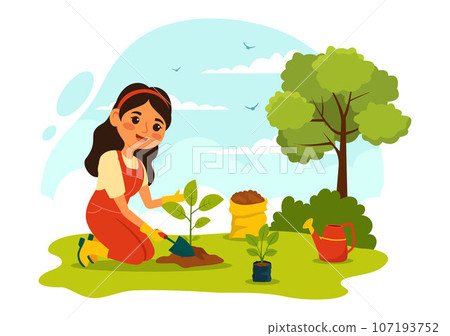 Planting Plants Vector Illustration with People Enjoy Gardening, Plant, Watering or Digging in the Garden in Flat Kids Cartoon Background Design 107193752