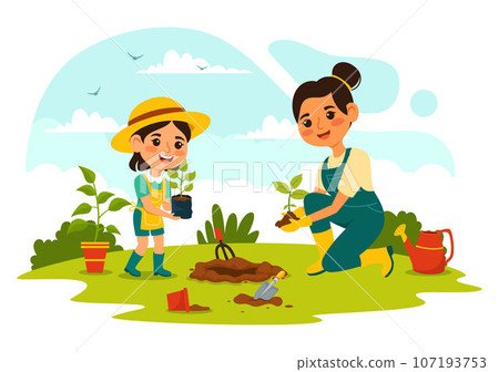 Planting Plants Vector Illustration with People Enjoy Gardening, Plant, Watering or Digging in the Garden in Flat Kids Cartoon Background Design 107193753