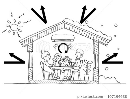 Image illustration (with line drawings and arrows) of realizing a comfortable life both in summer and winter in a ZEH/highly insulated home 107194688