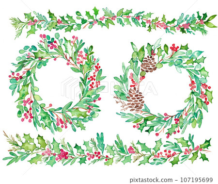 Watercolor. Christmas holly illustration with watercolor touch. Illustration of holly. Christmas decoration. Watercolor. Christmas holly illustration with watercolor touch. Illustration of holly. Christmas decoration. 107195699