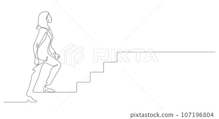 businesswoman walking upward to success stairs in continuous line drawing 107196804