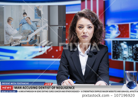 Worrying news about dentist incompetence on live tv channel, presenter doing newscast about stomatology patient with dental problems. Person with toothache suing dentistry cabinet. 107196920