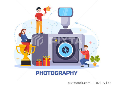 Photography Vector Illustration with Camera and Equipment to Capture Travel, Tourism, Adventure and Memories in a Flat Cartoon Background Design 107197158