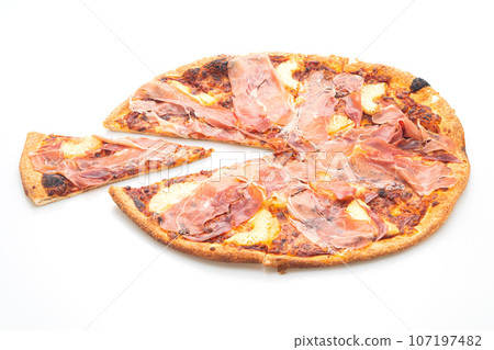 Pizza with prosciutto or parma ham pizza on white background Pizza with prosciutto or parma ham pizza on white background 107197482