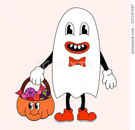 Retro Groovy Halloween Ghost boy with pumpkin and sweets. Vector flat. 107197487