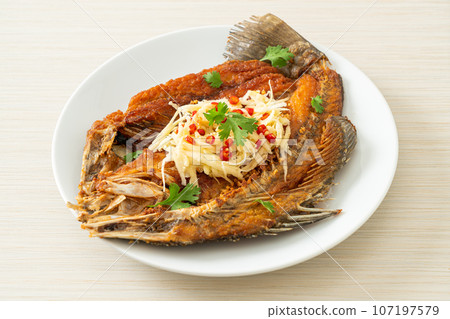 Fried Sea Bass Fish with Fish Sauce and Spicy Salad 107197579