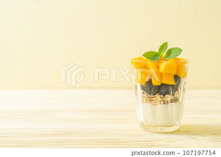 homemade mango and blueberry with yogurt and granola homemade mango and blueberry with yogurt and granola 107197754