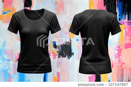 Woman Black Tshirt Mockup, Fashion Illustration Clothes, Women Blank Template, Realistic Font Back 3D Shirt Cloth on Colorful Background 107197907