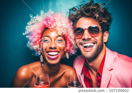 A guy and girl with bright hair smile with their teeth and look at camera. Party, public evening of popular bloggers 107198602