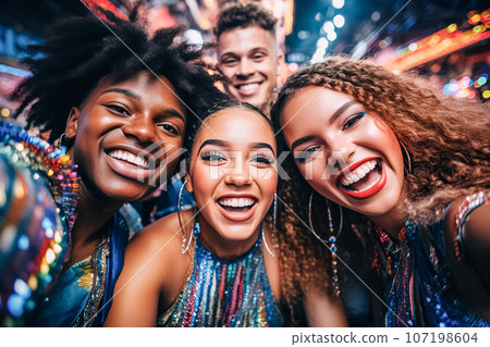 A company of joyful happy young people in sparkling dresses clothes smile and pose for camera. Party, disco nightclub 107198604